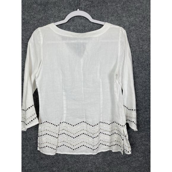 e-coi-o-gie Linen Top Women's Sz Small White w Brown, Gold, and White Embroider - Picture 5 of 9